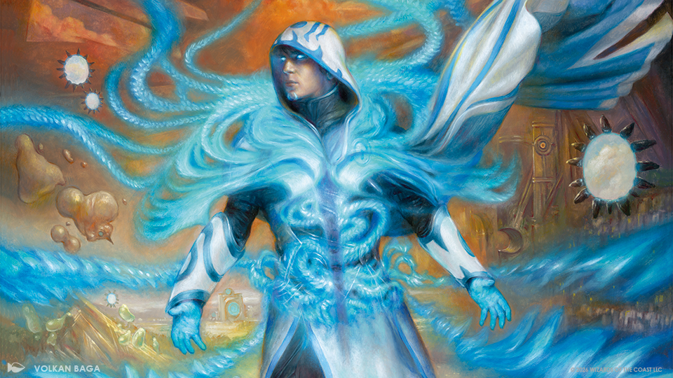 Jace surrounded by streams of blue magic, illustrated by Volkan Baga